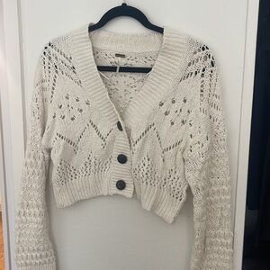 Free people knit crochet crop white cardigan sweater size Small